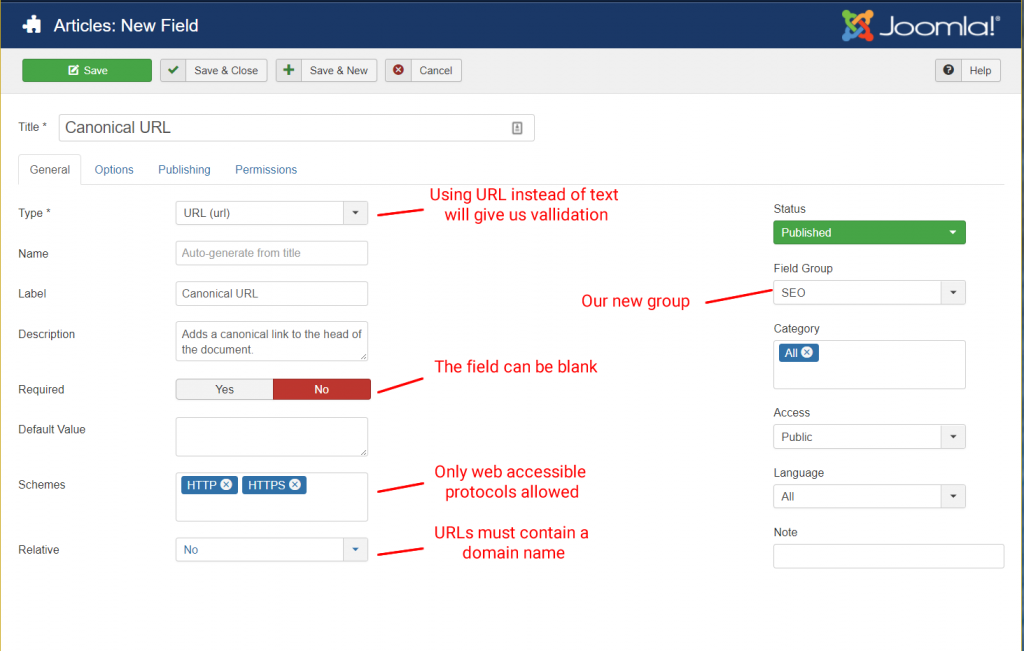 Joomla custom field settings for canonical URL