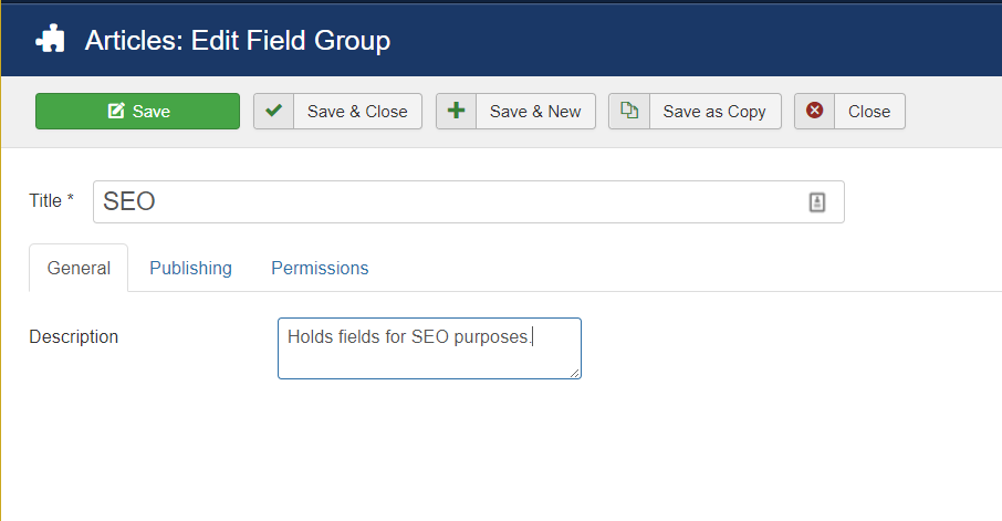 Joomla new custom field group edit screen