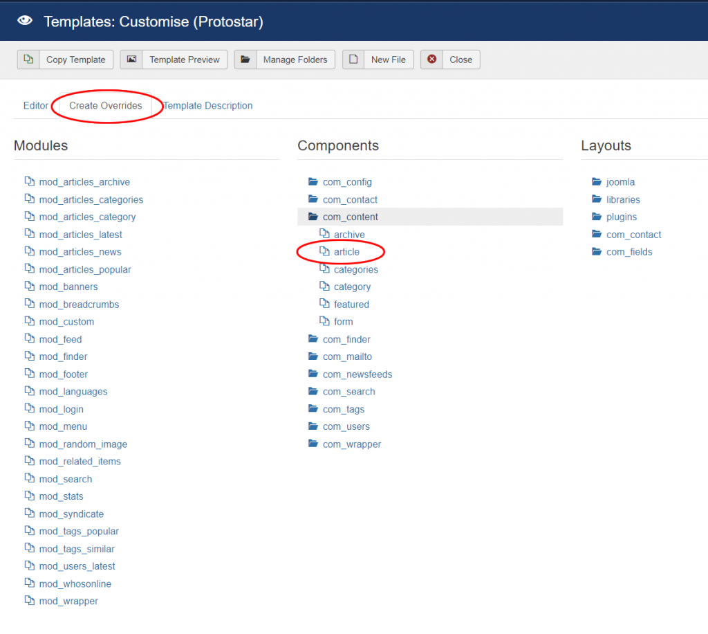 Create template override in Joomla template manager
