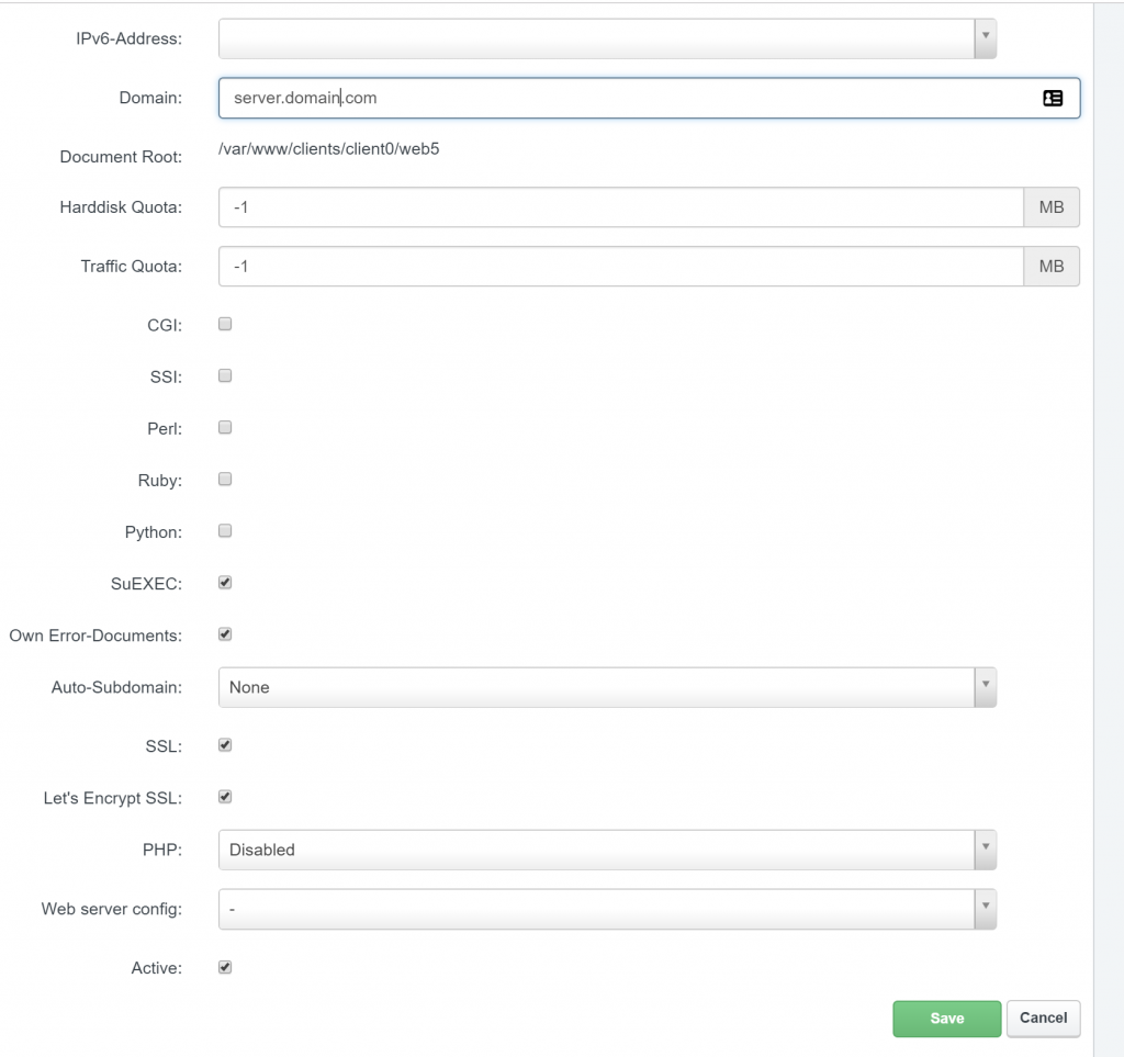 Registering ISPConfig panel domain