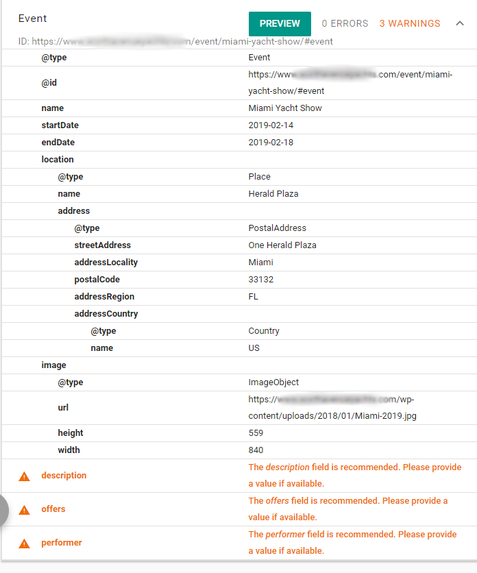 Event structured data in Google's testing tool