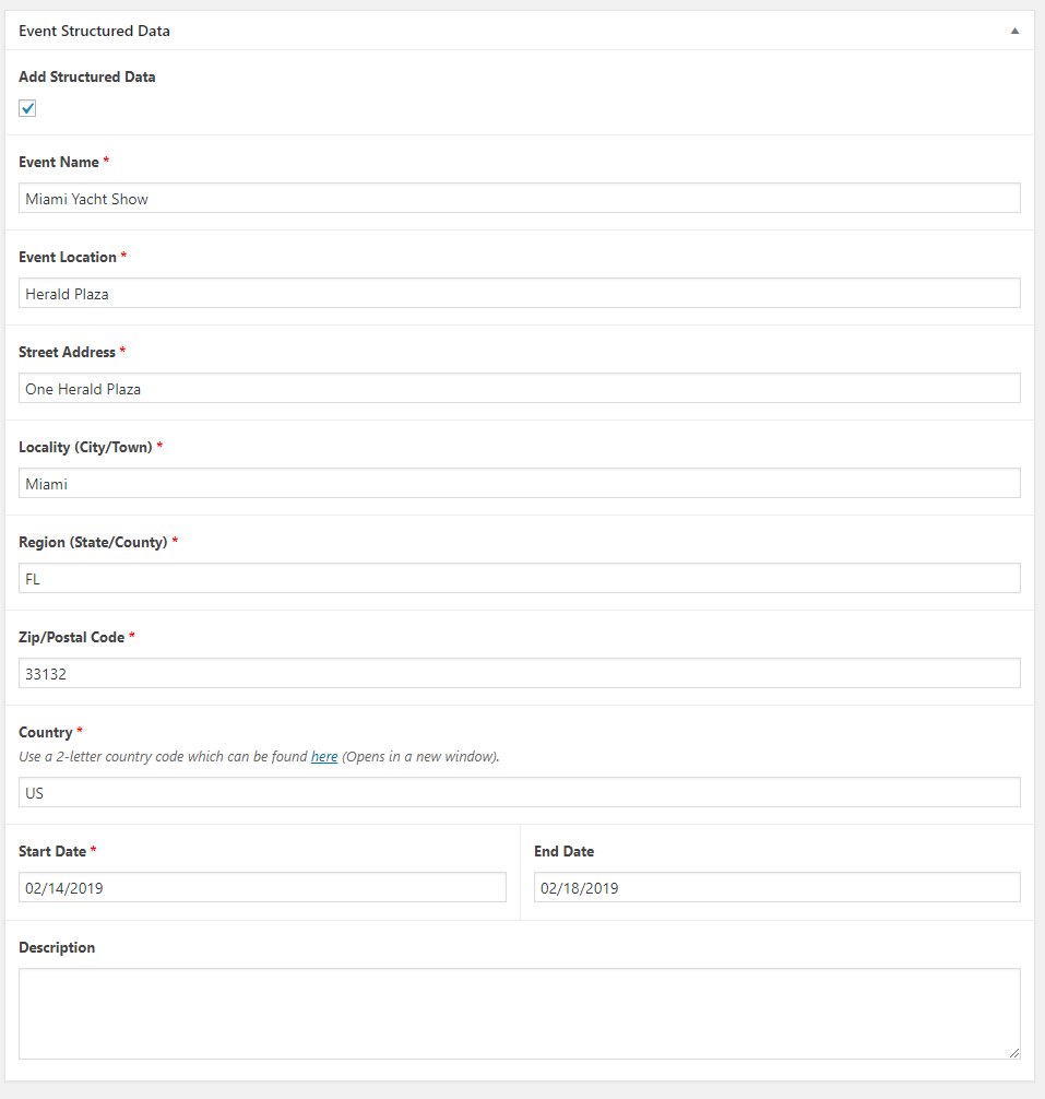 Custom fields added to a WordPress post type for event structured data